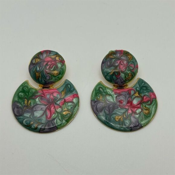 Vintage Green & Pink Swirl Enamel Doorknocker Pierced Dangle Earrings 1980s - Picture 8 of 11